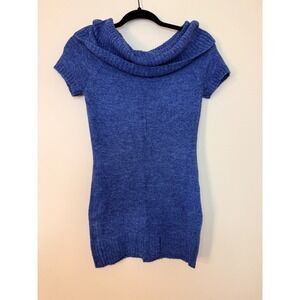 Love Rocks Blue Cowl Neck Short Sleeve Sweater Dress Large Marl Knit 9659